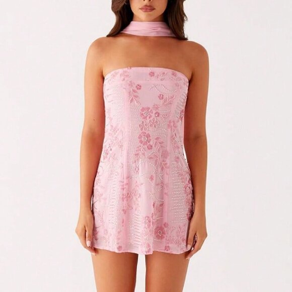 Pink Elegant Strapless Scarf sequin beaded Mini Dress - Picture 1 of 5